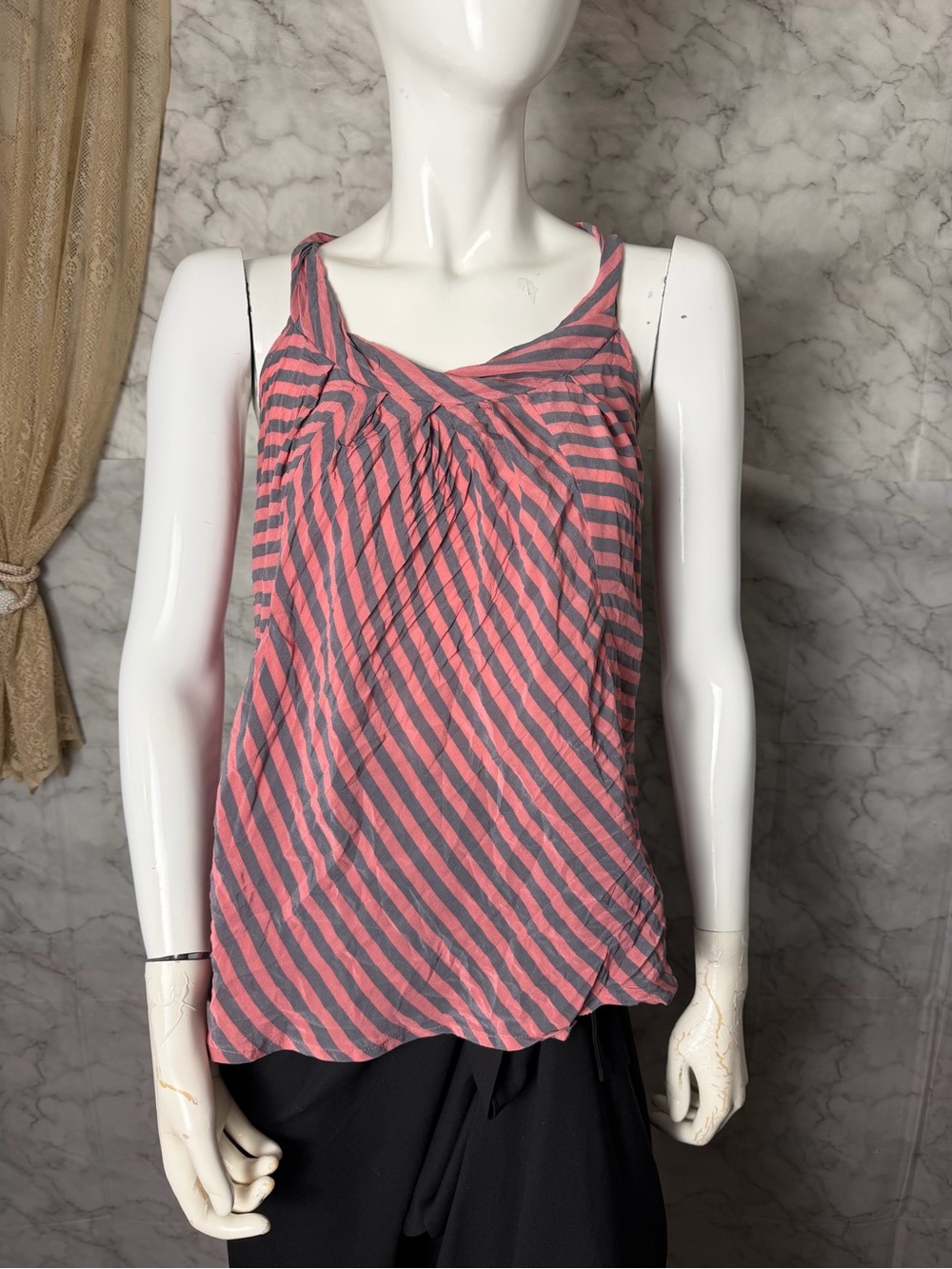 100% Silk Pink Gray/Blue Hue Striped Sleeveless Twist Neck Blouse S Bellatrix